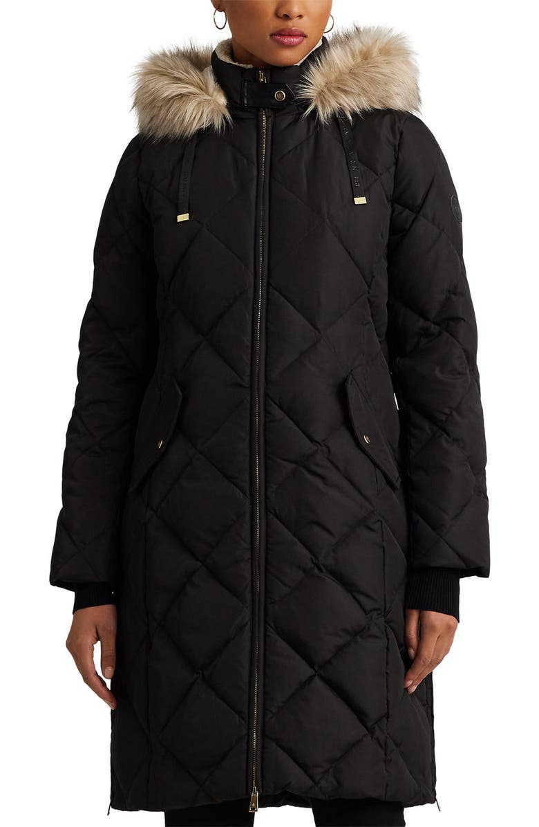 Lauren Ralph Lauren Down & Feather Fill Coat with Faux Fur Trim Detachable Hood, Alternate, color, 