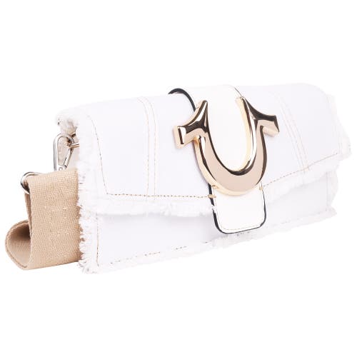 True Religion Frayed Denim Flap Bag With Logo Strap In White