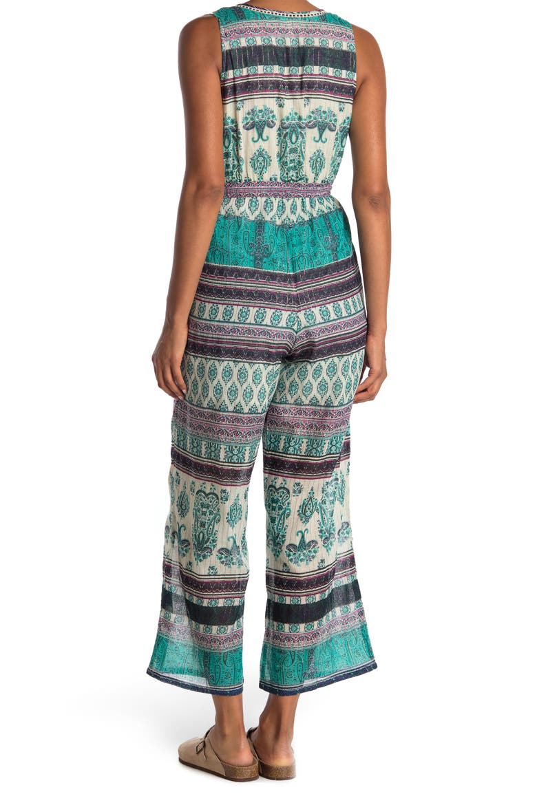 Caravan Sleeveless V-Neck Printed Jumpsuit, Alternate, color, TEAL