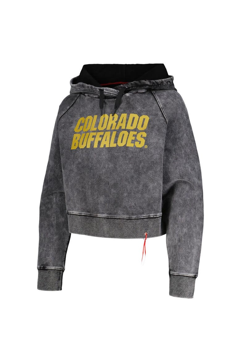 Women's Black Colorado Buffaloes Vintage Wash Raglan Cropped Boxy Pullover Hoodie, Alternate, color, Black