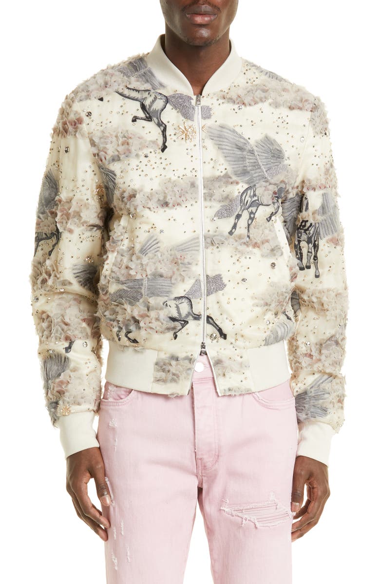 AMIRI Embellished Pegasus Logo Silk Organza Shrunken Bomber Jacket, Main, color,