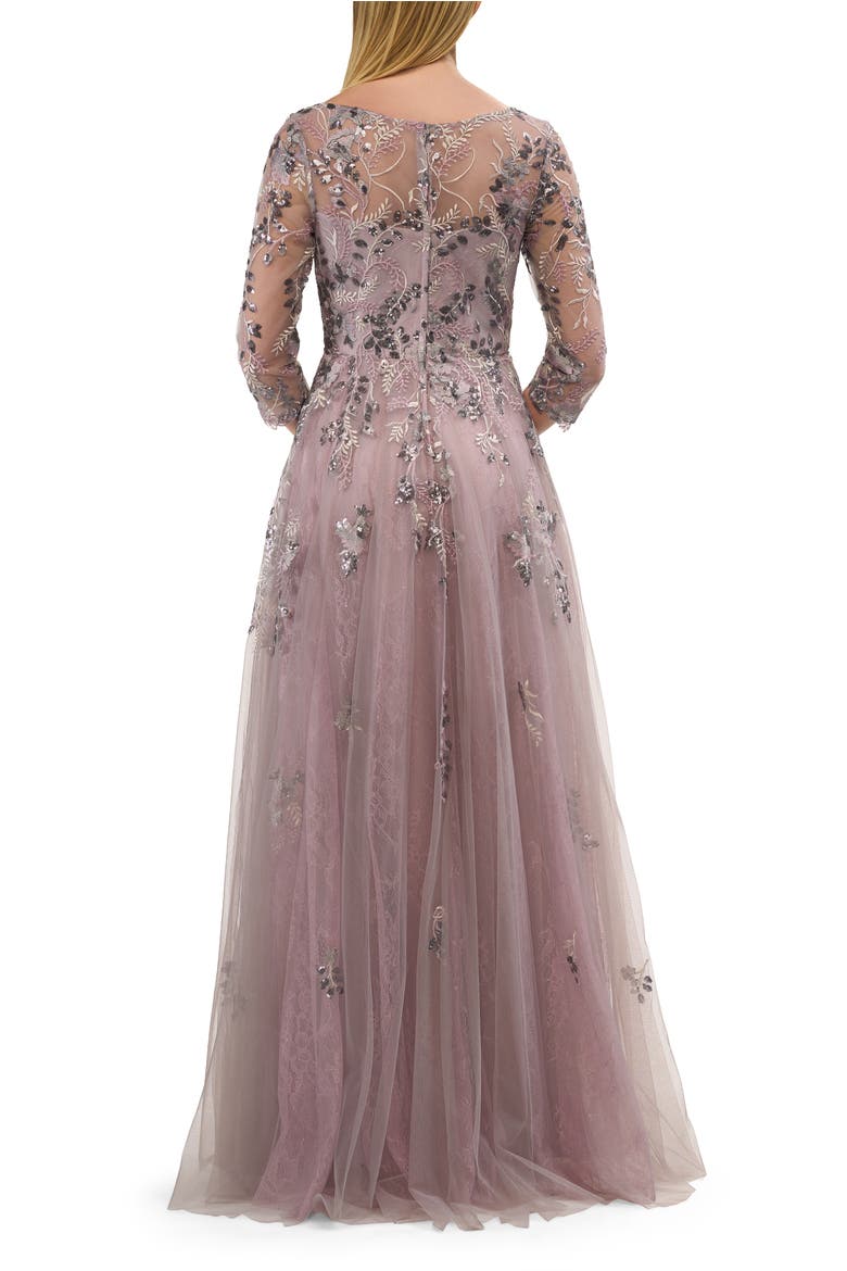 Two Tone Lace Applique Tulle A-line Gown with Illusion Sleeves, Alternate, color, Silver/Mauve
