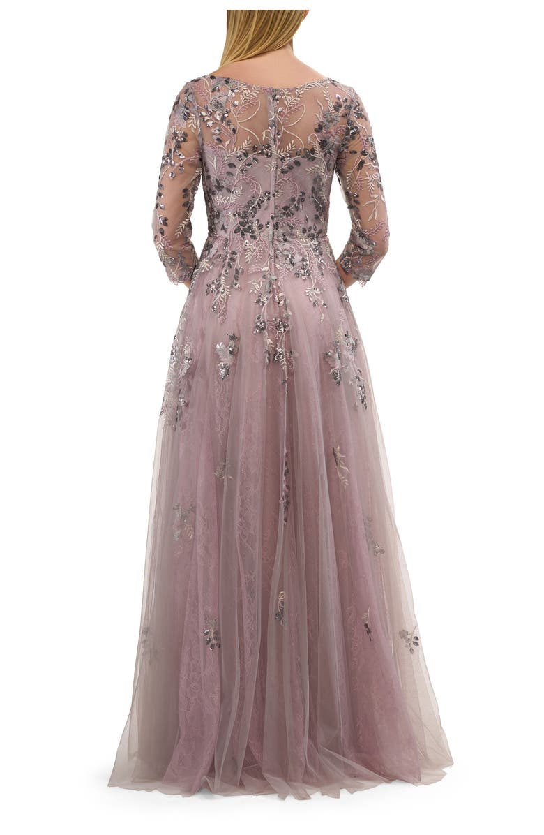 La Femme Two Tone Lace Applique Tulle A-line Gown with Illusion Sleeves, Alternate, color, Silver/Mauve