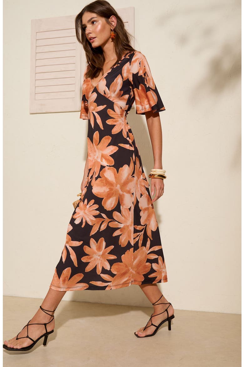 Floral Flutter Sleeve Midi Dress, Alternate, color, BLACK