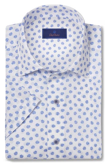 David Donahue Print Short Sleeve Sport Shirt In White/blue