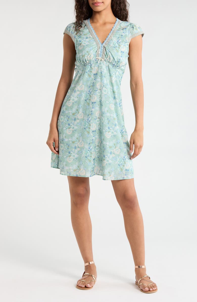 Lucky Brand Floral Embroidered Detail Cotton Blend Dress, Main, color, Blue Floral