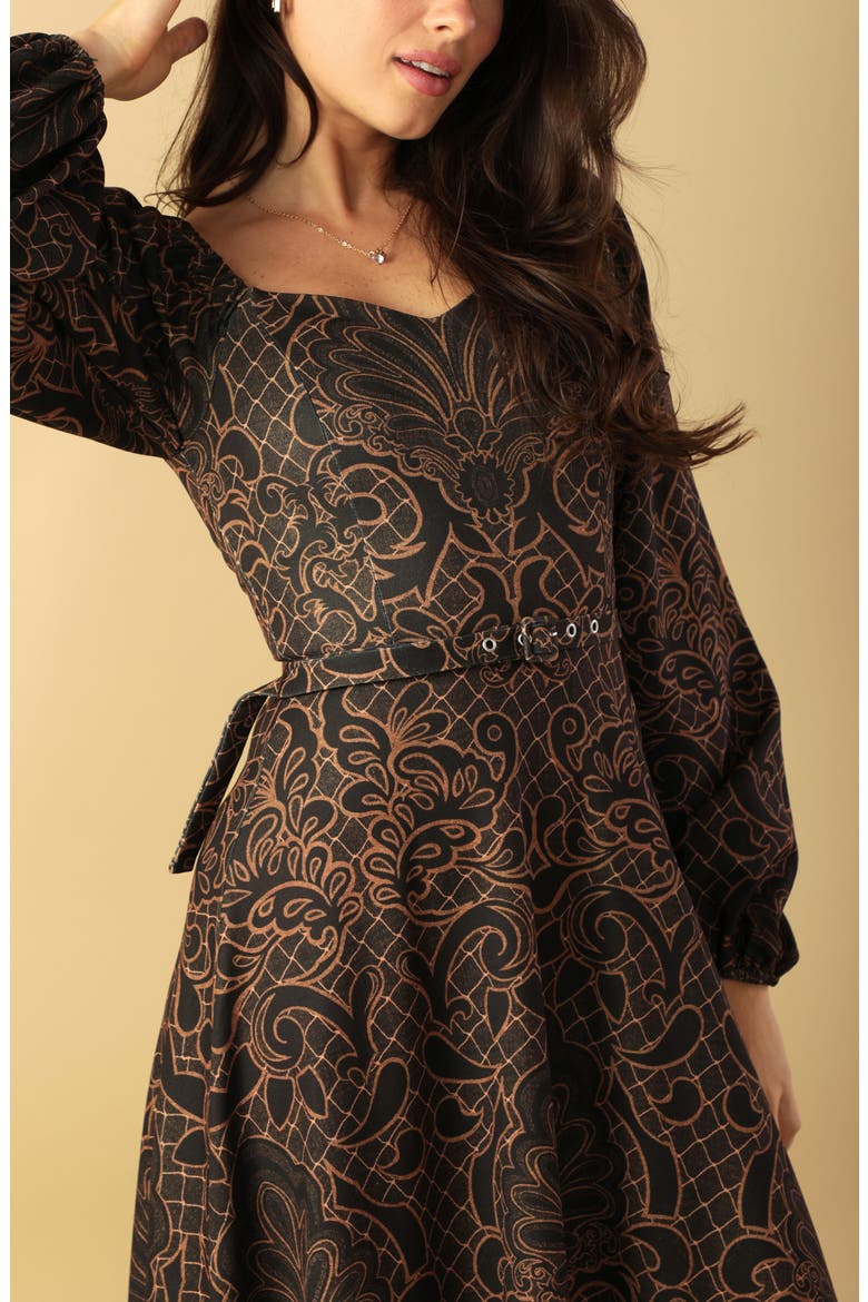 Long Sleeve Belted Midi Dress, Alternate, color, BROWN