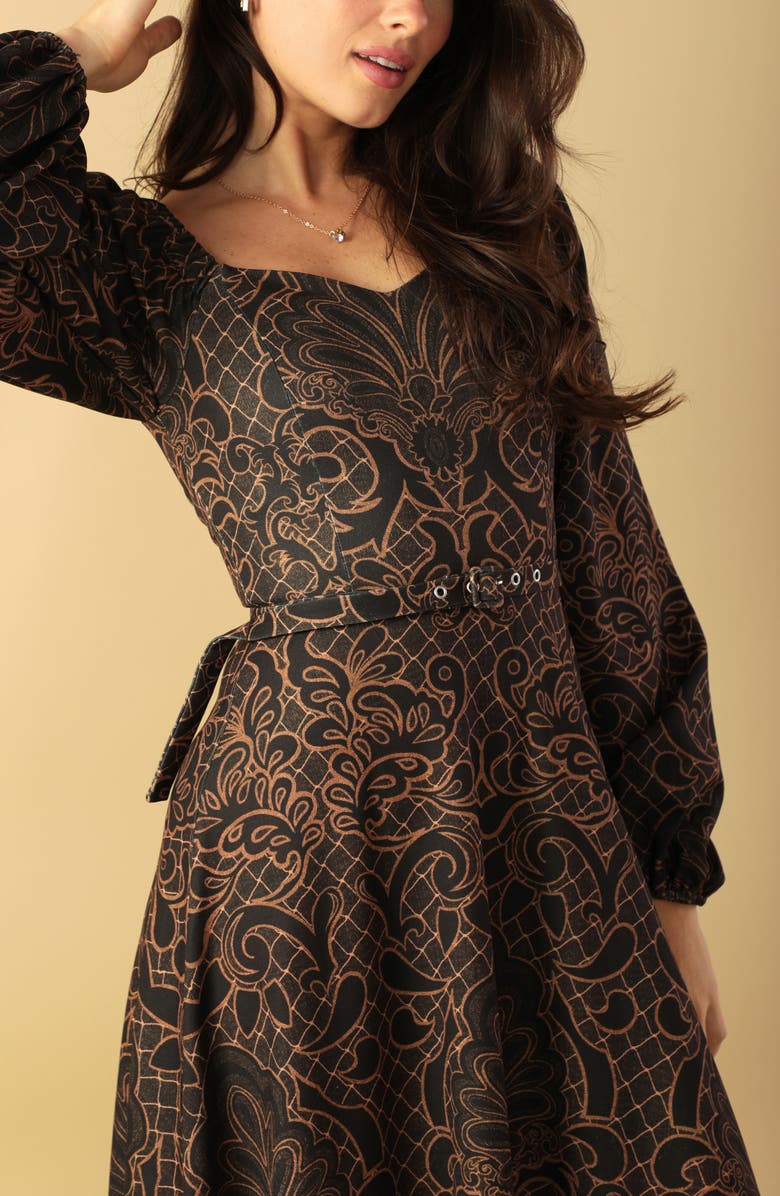 FLYING TOMATO Long Sleeve Belted Midi Dress, Alternate, color, Brown