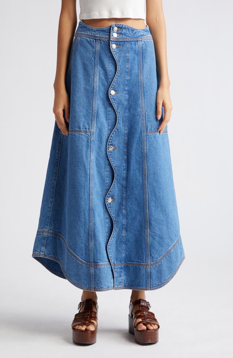FARM Rio Wave Denim Maxi Skirt, Main, color, 