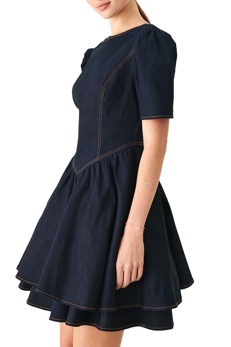 Short Sleeve Denim Fit & Flare Minidress, Alternate, color, DARK DENIM