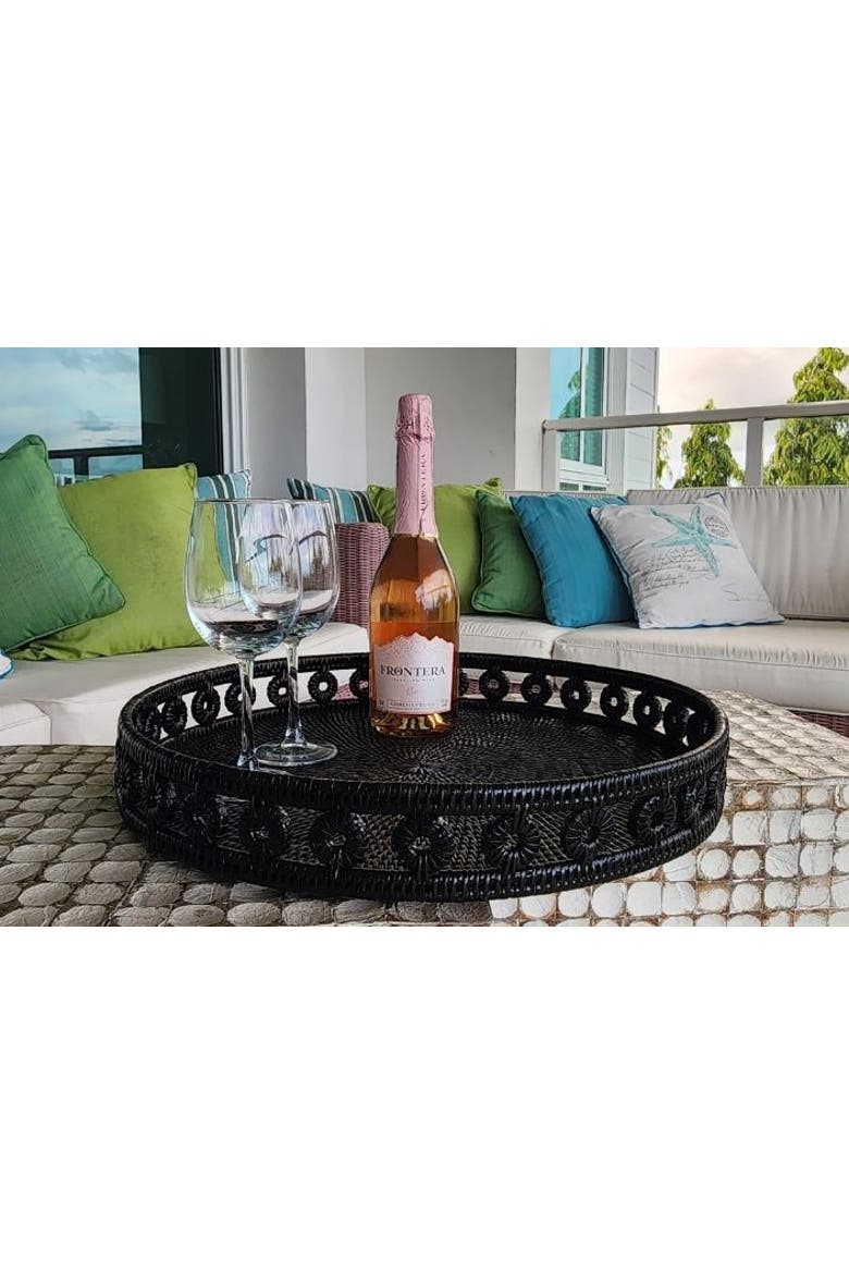 Artifacts Rattan Inna Design Round Tray With Glass Insert, Alternate, color, Tudor Black