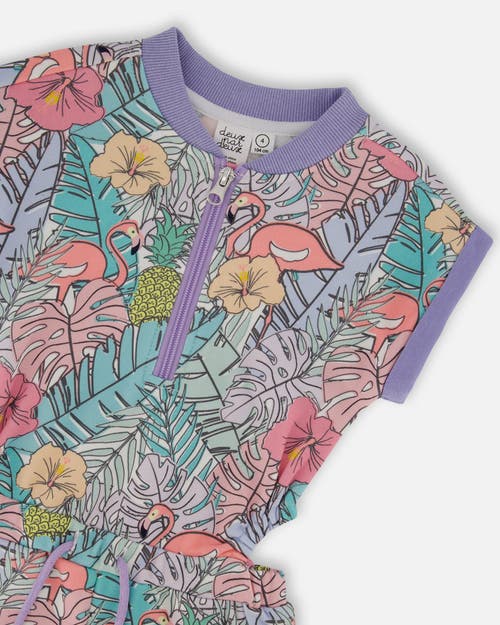 Deux Par Deux Little Girl's Printed French Terry Romper Lilac Tropical And Pink Flamingos In Lilac And Pink Flamingos