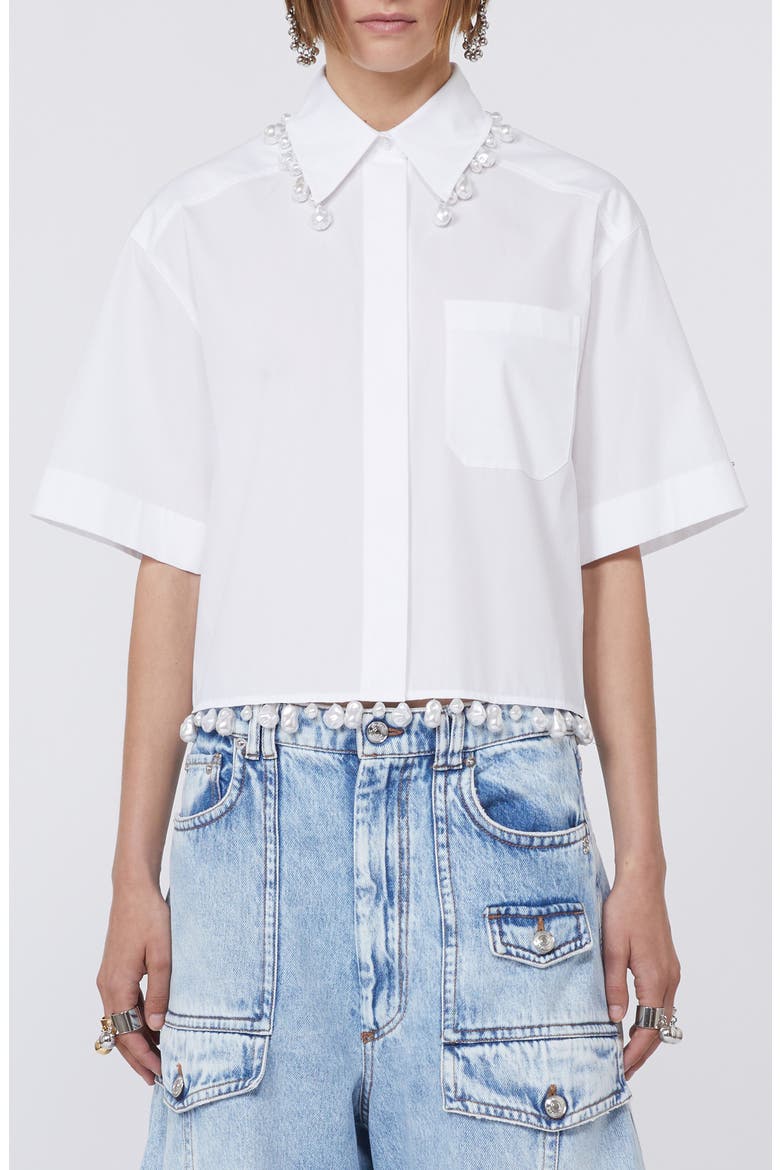 Faux Pearl Embellished Boxy Cotton Poplin Button-Up Shirt, Main, color, OPTICAL WHITE