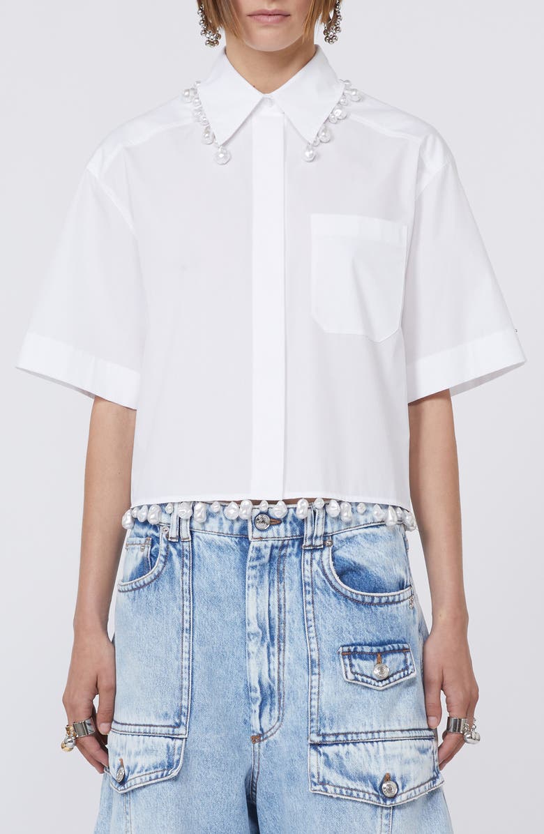 SPORTMAX Faux Pearl Embellished Boxy Cotton Poplin Button-Up Shirt, Main, color, Optical White