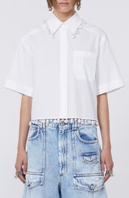 SPORTMAX Faux Pearl Embellished Boxy Cotton Poplin Button-Up Shirt