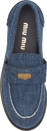 【MiuMiu】 Denim Loafer ロゴ デニムローファー Logo denim loafers in blue - Miu Miu | Mytheresa