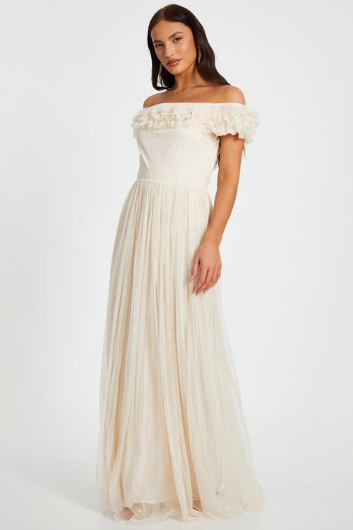 Quiz Mesh Ruffle Bardot Maxi Dress In Cream