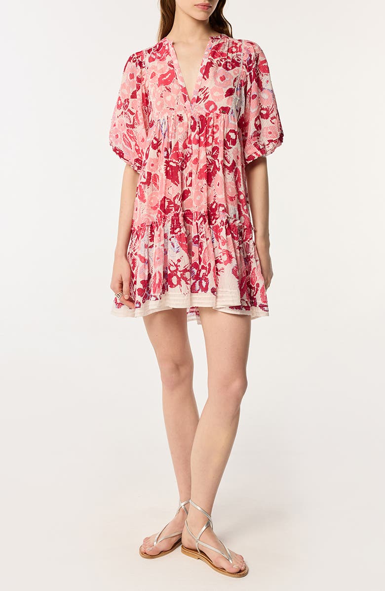 Poupette St Barth Aria Stripe Floral Cotton Cover-Up Minidress, Main, color, Pink