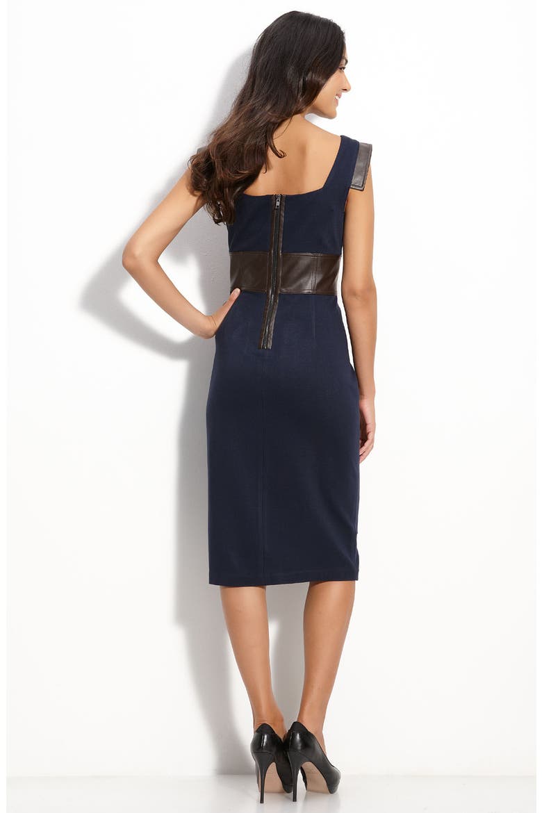 Ponte Knit Sheath Dress with Faux Leather Trim, Alternate, color, NAVY
