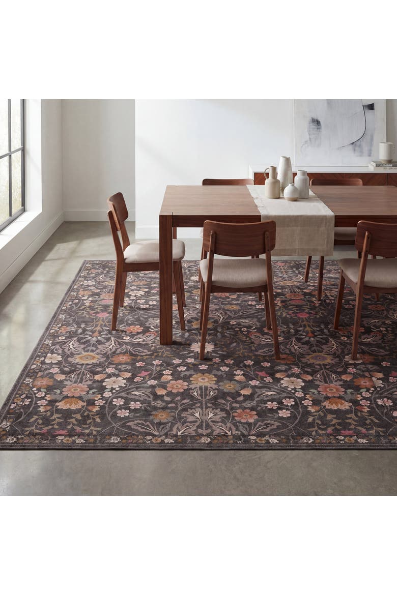 Primrose Art Nouveau Floral Border Non-Slip Machine-Washable Area Rug, Main, color, Taupe/Multi