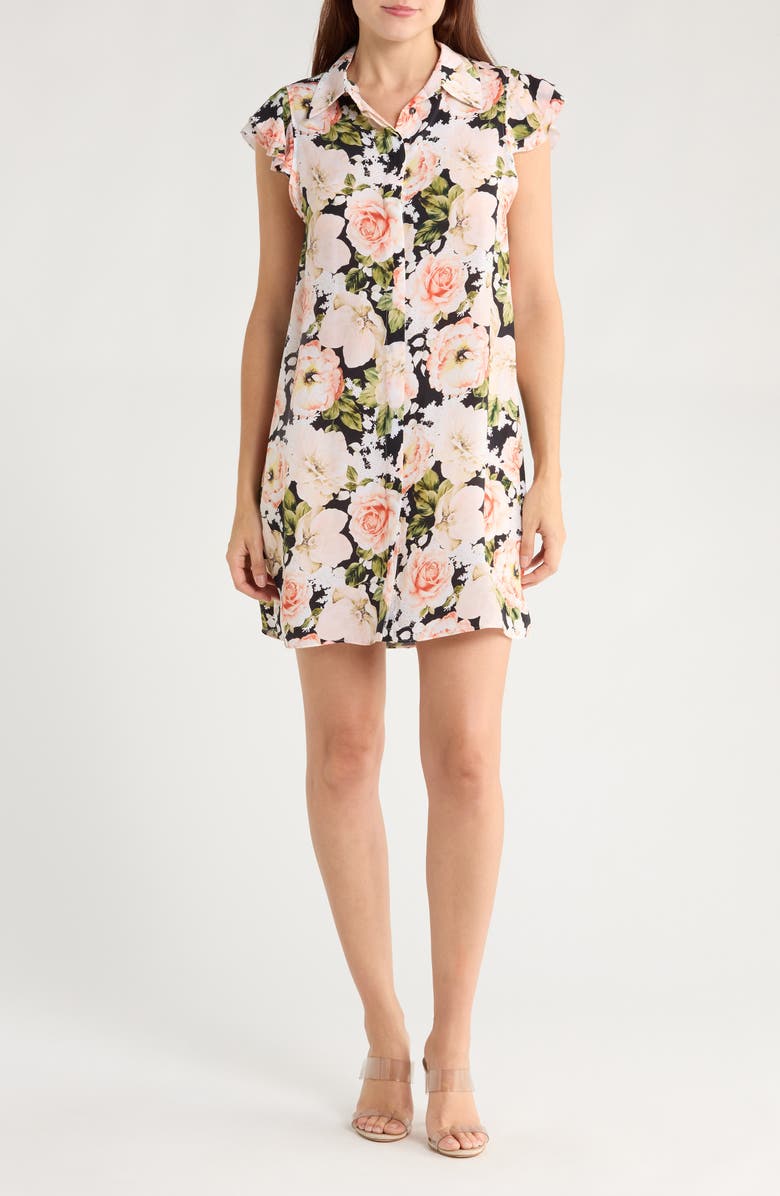 Alice + Olivia Jem Ruffle Cap Sleeve Shirtdress, Main, color, Morningside Floral/ Black