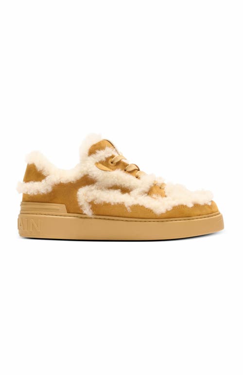 Balmain Shearling-trimmed Suede Sneakers In Brown