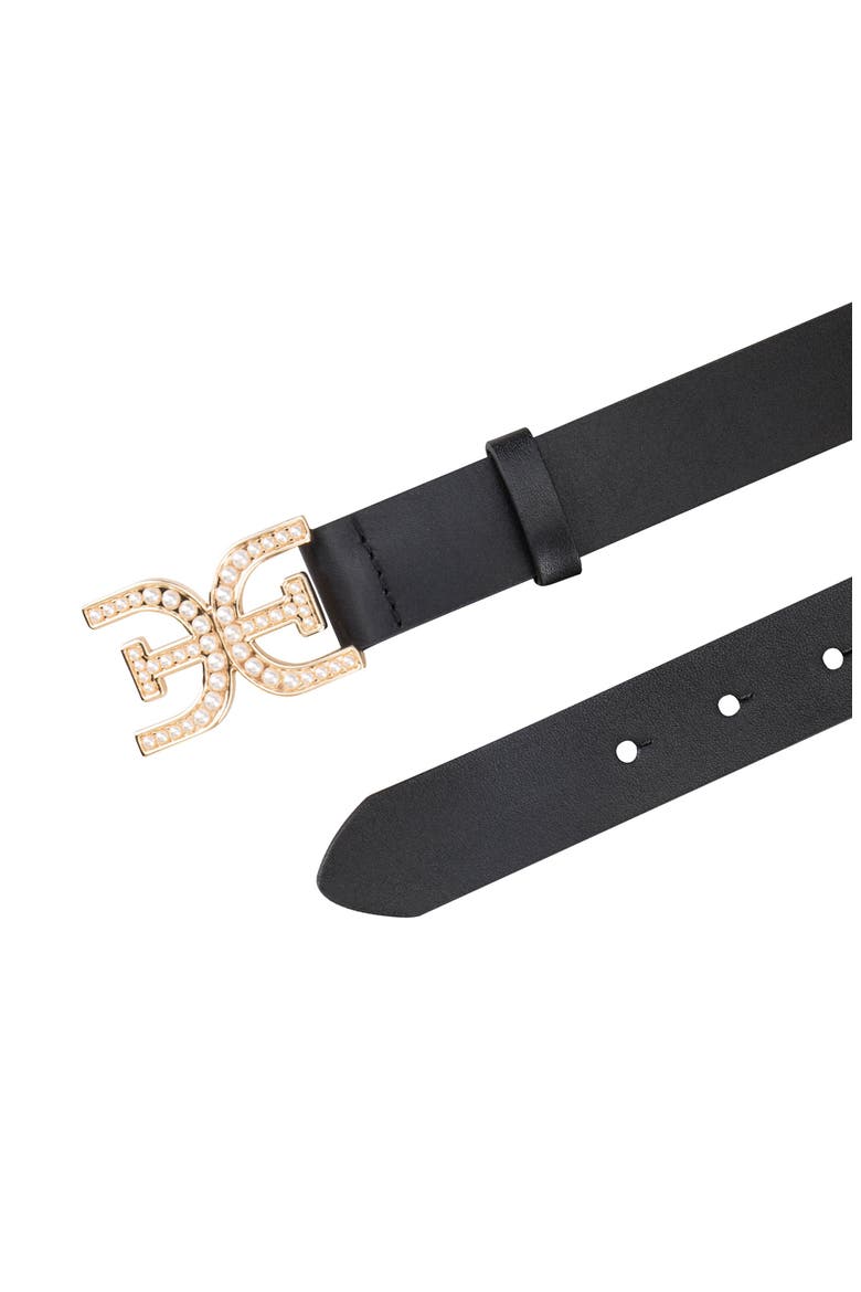 Imitation Pearl Logo Plaque Belt, Alternate, color, BLACK