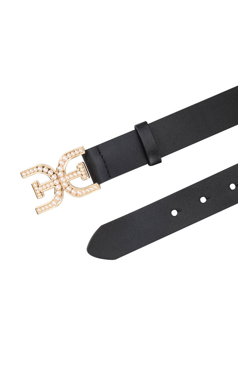 Sam Edelman Imitation Pearl Logo Plaque Belt, Alternate, color, Black