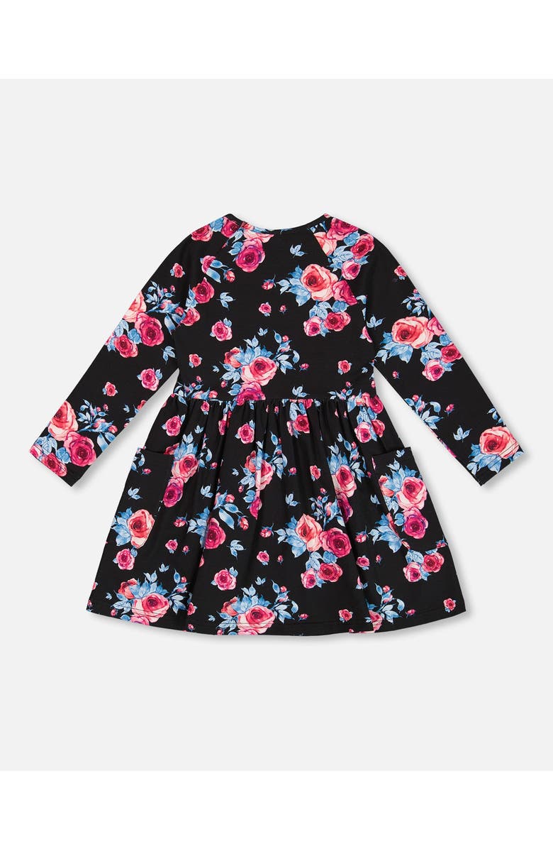 Deux par Deux Little Girl's Printed Roses Dress With Pockets Black, Alternate, color, 