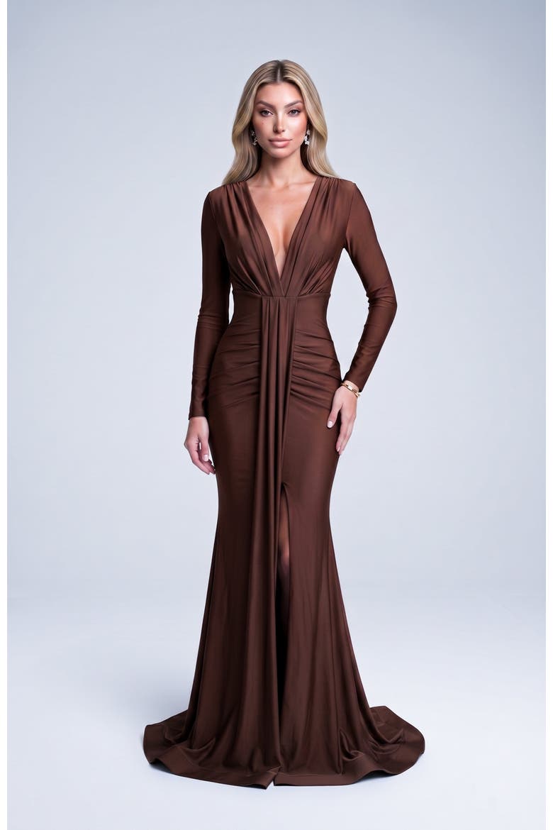 Ruched Long Sleeve Slit Mermaid Gown, Alternate, color, Brown