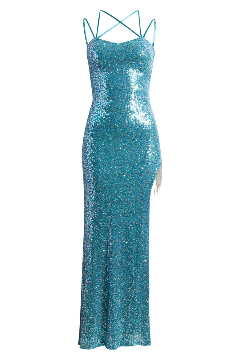 Strappy Fringe Trim Sequin Gown, Alternate, color, TURQ/ SILVER