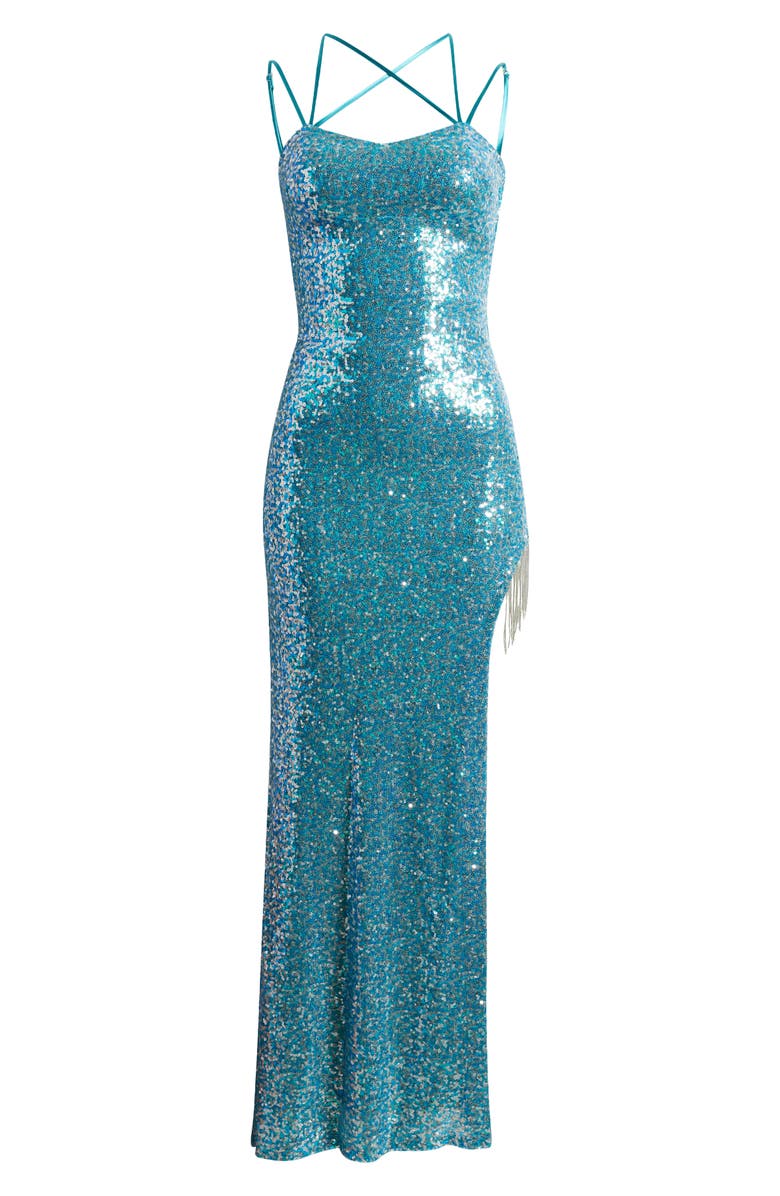 NEXT UP Strappy Fringe Trim Sequin Gown, Alternate, color, 