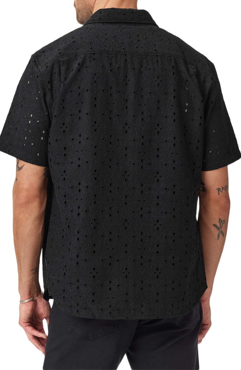 John Varvatos Sean Eyelet Cotton Short Sleeve Button-Up Shirt, Alternate, color, Black