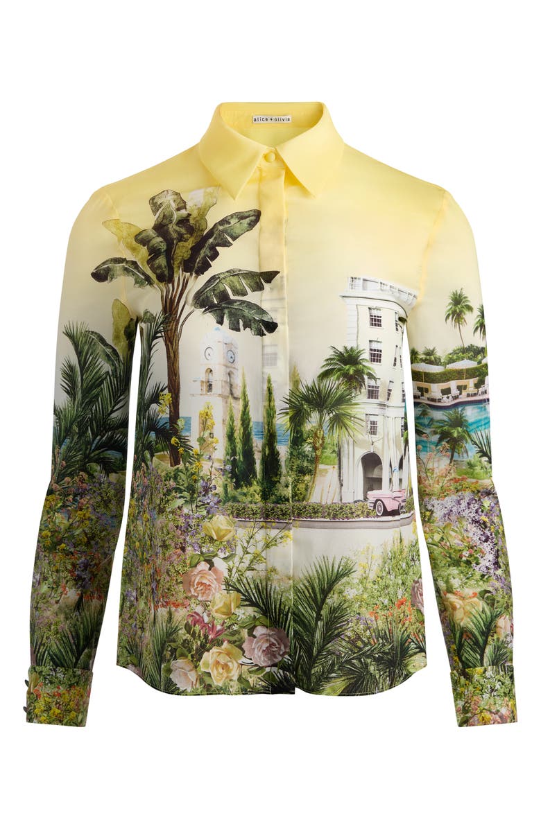 Alice + Olivia Willa Print Silk Button-Up Shirt, Alternate, color, Pure Paradise