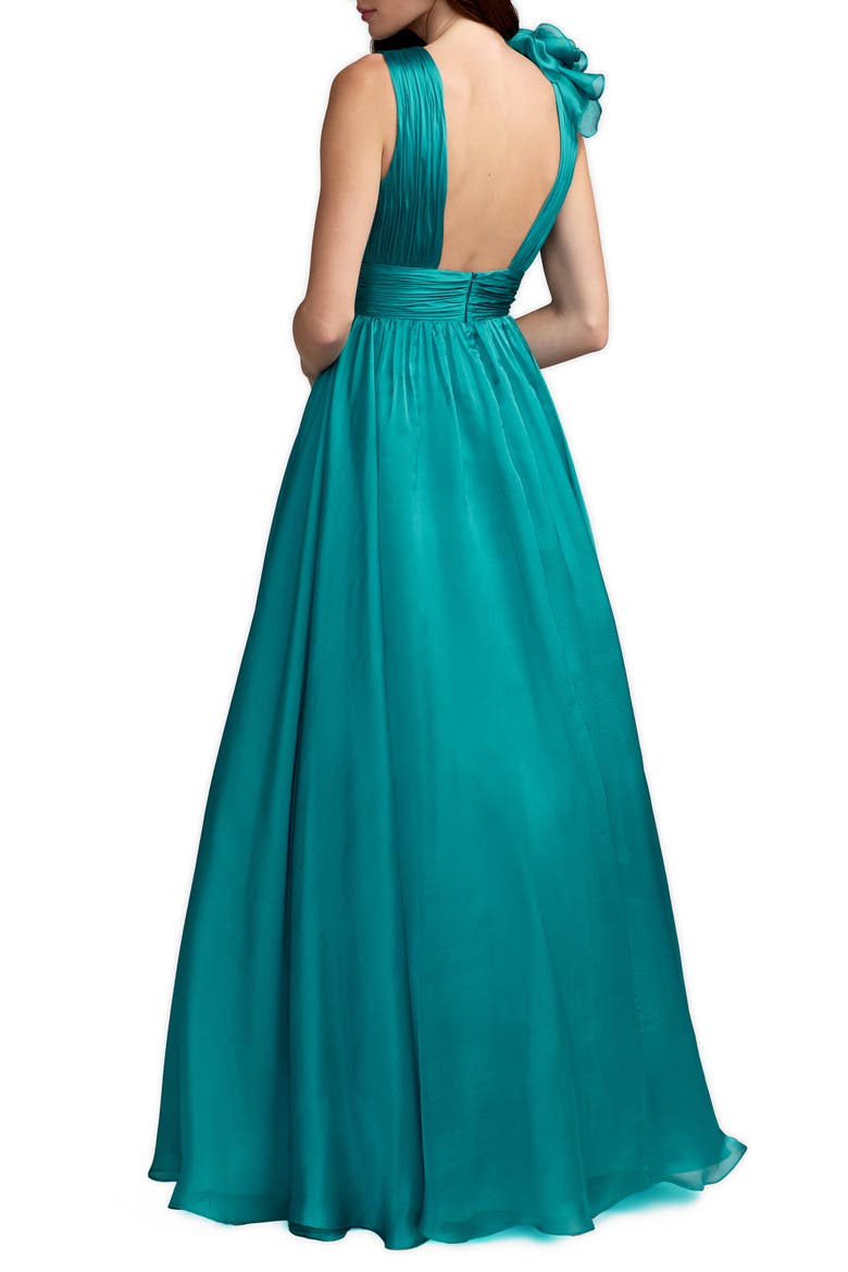 Ruffle Shoulder V-Neck Chiffon Gown, Alternate, color, Teal