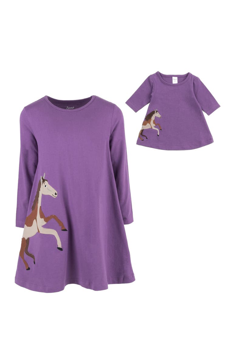 Leveret Girls Cotton Dress with Matching Doll Dress, Printed Design, Alternate, color, Horse