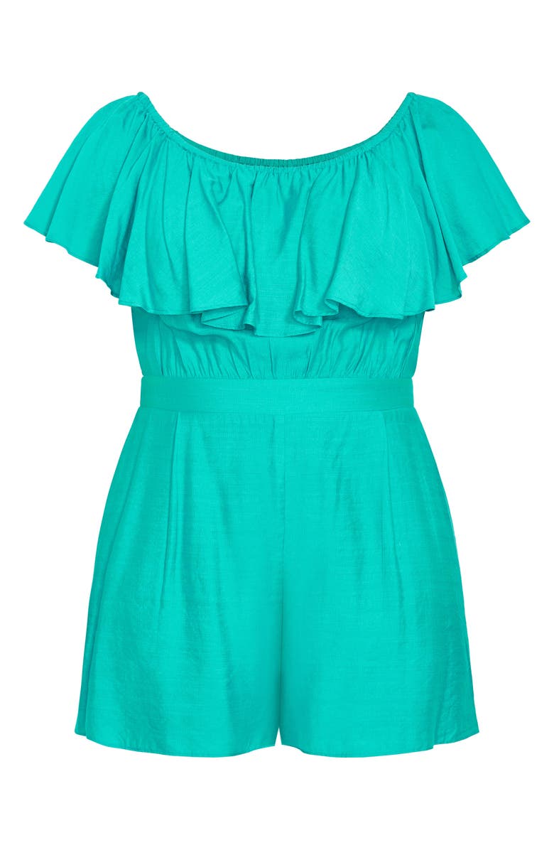 City Chic Serene Ruffl Off-the-Shoulder Romper, Alternate, color, Aqua