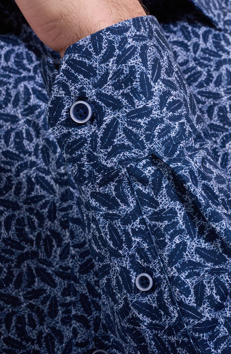 Bugatchi James OoohCotton<sup>®</sup> Leaf Print Button-Up Shirt, Alternate, color, Navy