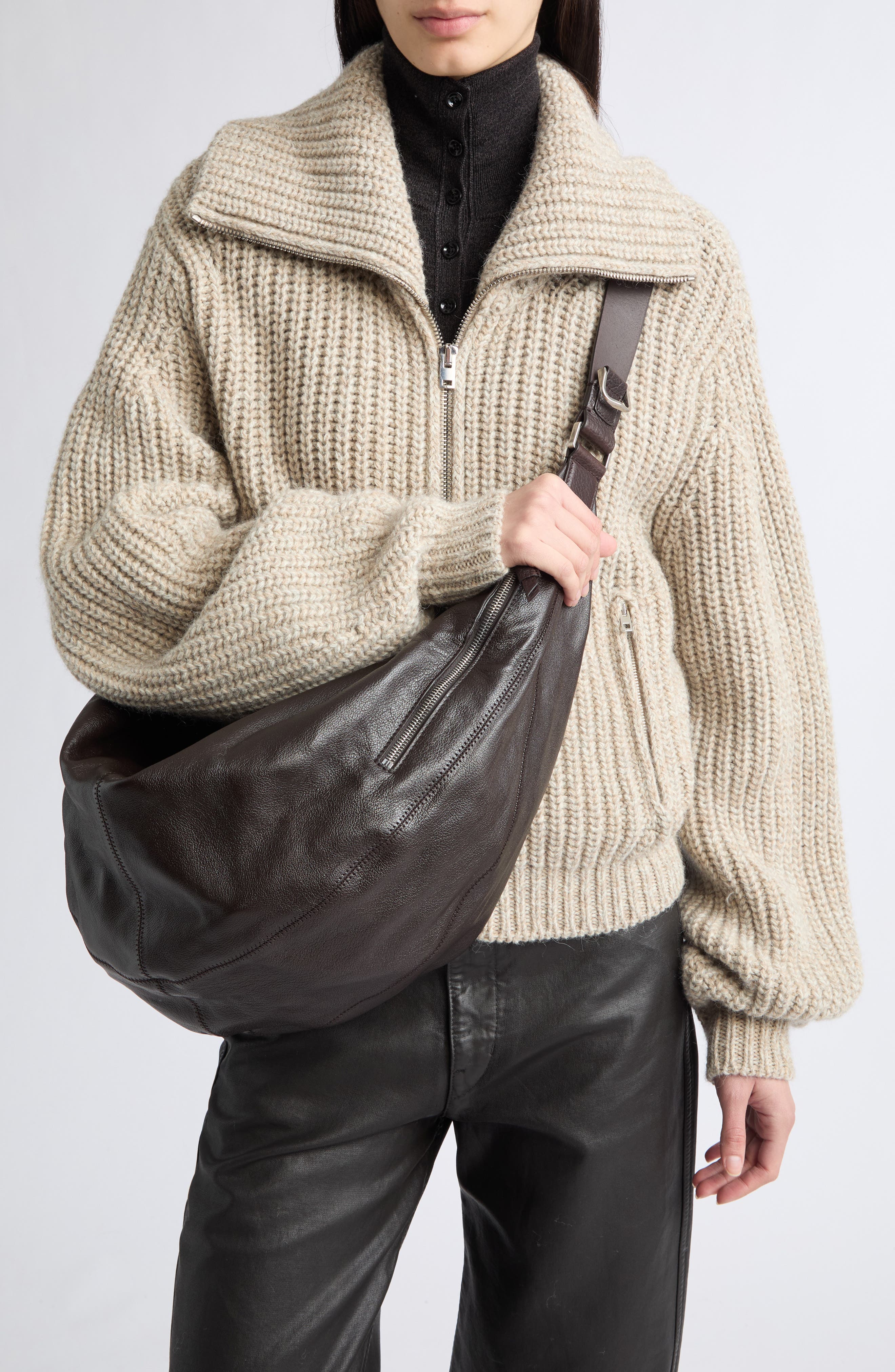 Quiver Clip Leather Hobo Bag, Alternate, color, DARK CHOCOLATE