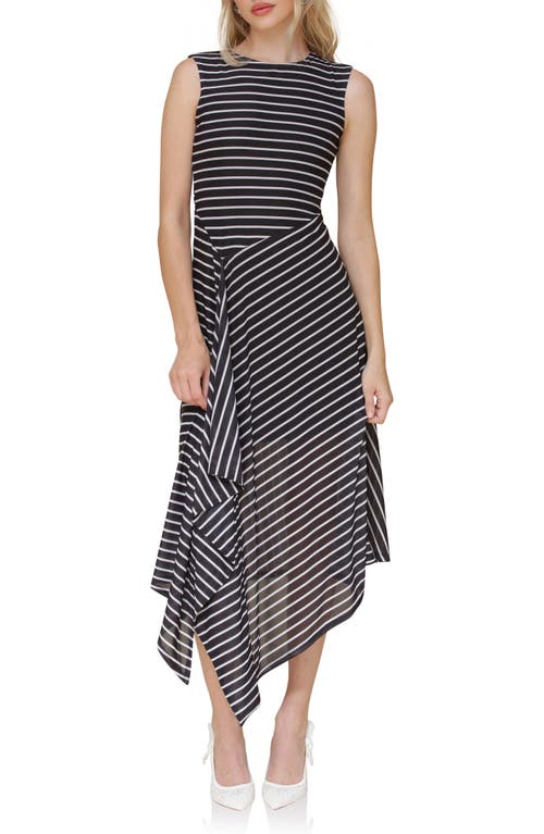 Avec Les Filles Directional Stripe Asymmetric Hem Dress In Black And White Stripe
