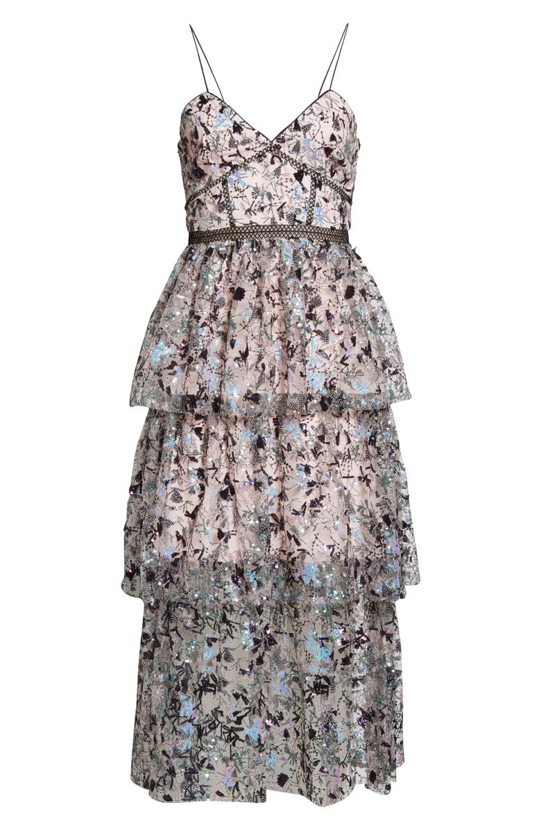 Self-Portrait Constellation Embellished Tiered Midi Dress, Alternate, color, 