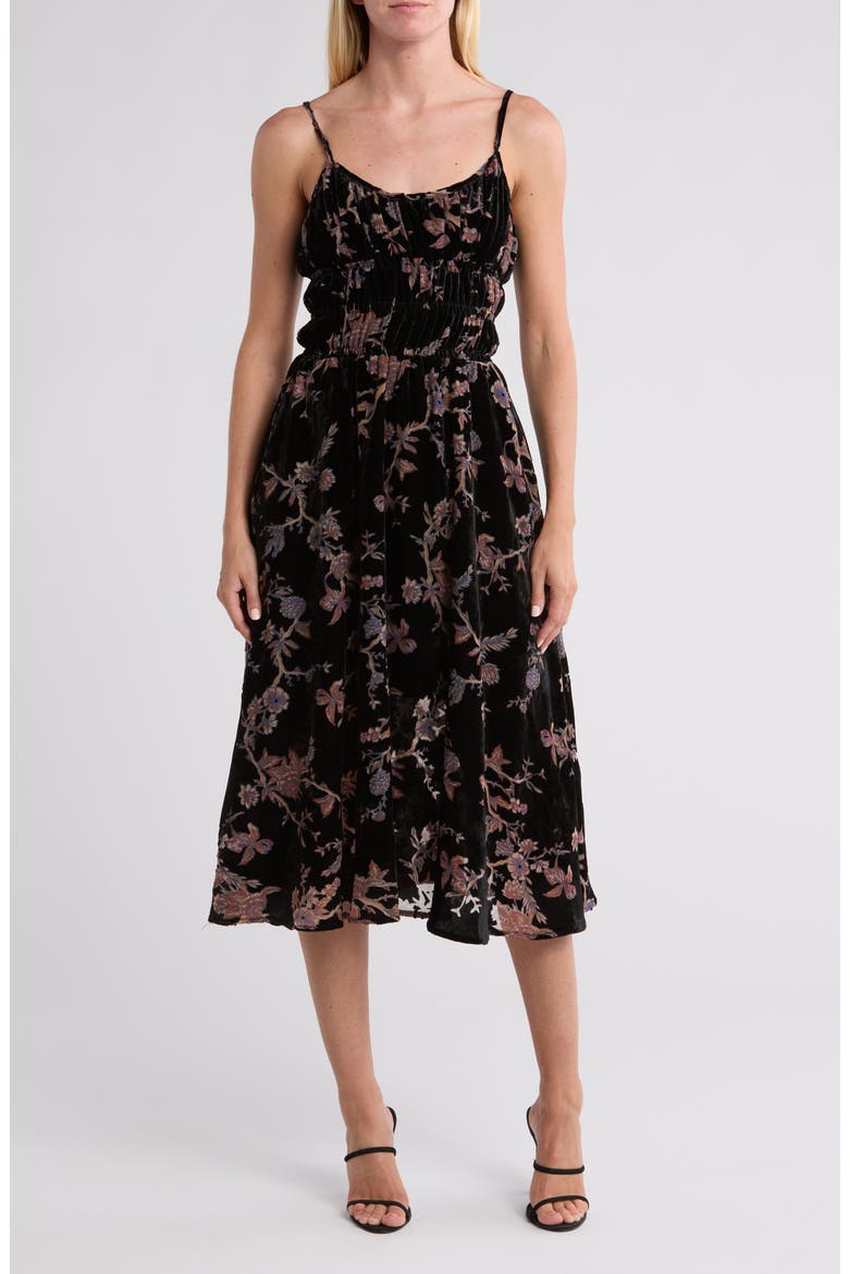 Floral Tiered Velour Dress, Main, color, BLACK