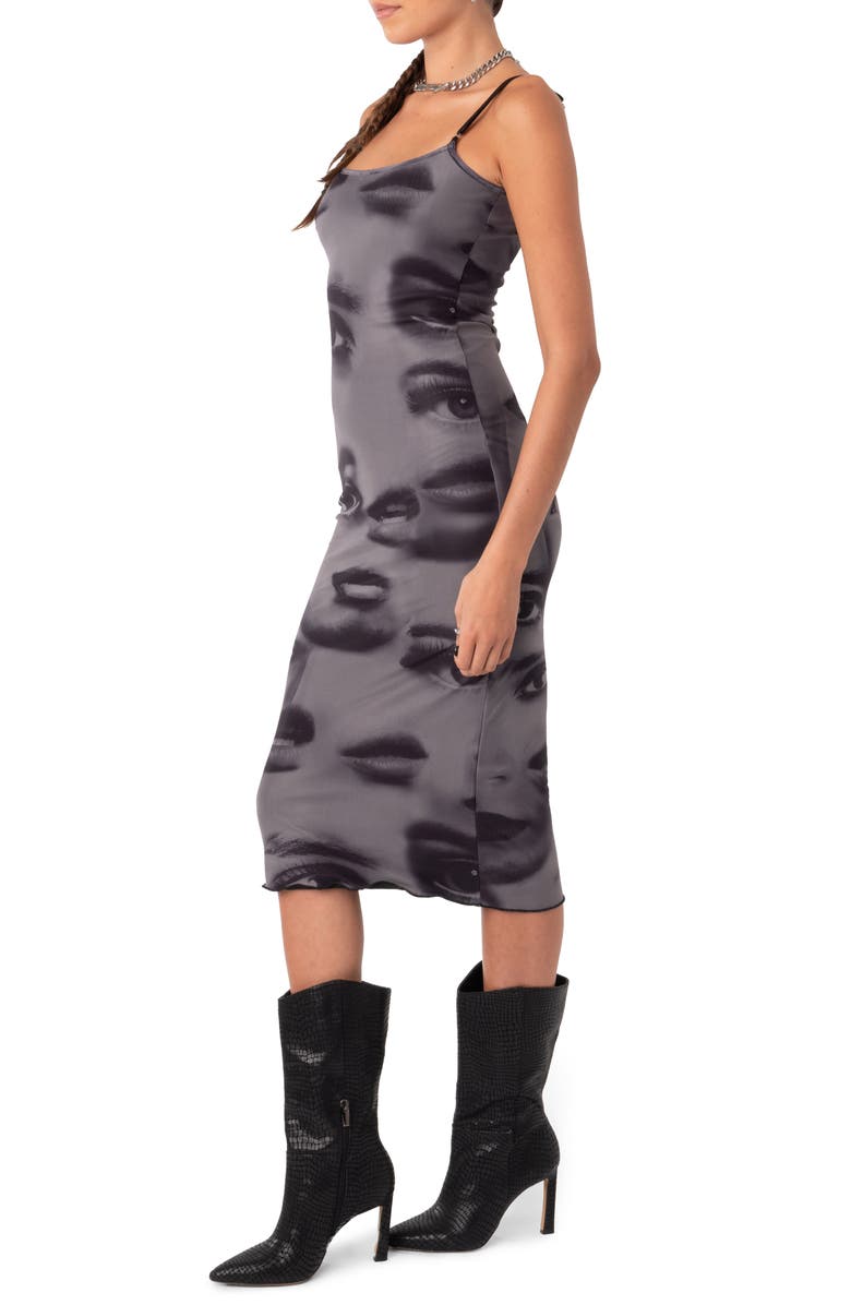 EDIKTED Eyes On You Print Mesh Midi Dress, Alternate, color, Grey