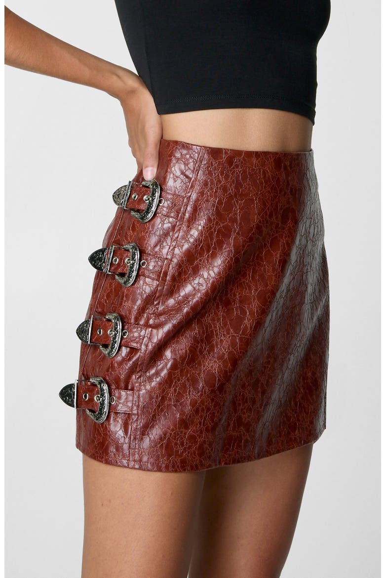 Buckle Distressed Faux Leather Miniskirt, Alternate, color, RUST