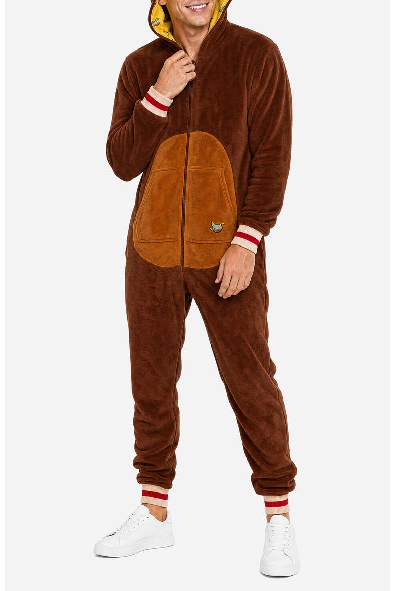 Monkey Hooded Fleece Jumpsuit, Main, color, BROWN