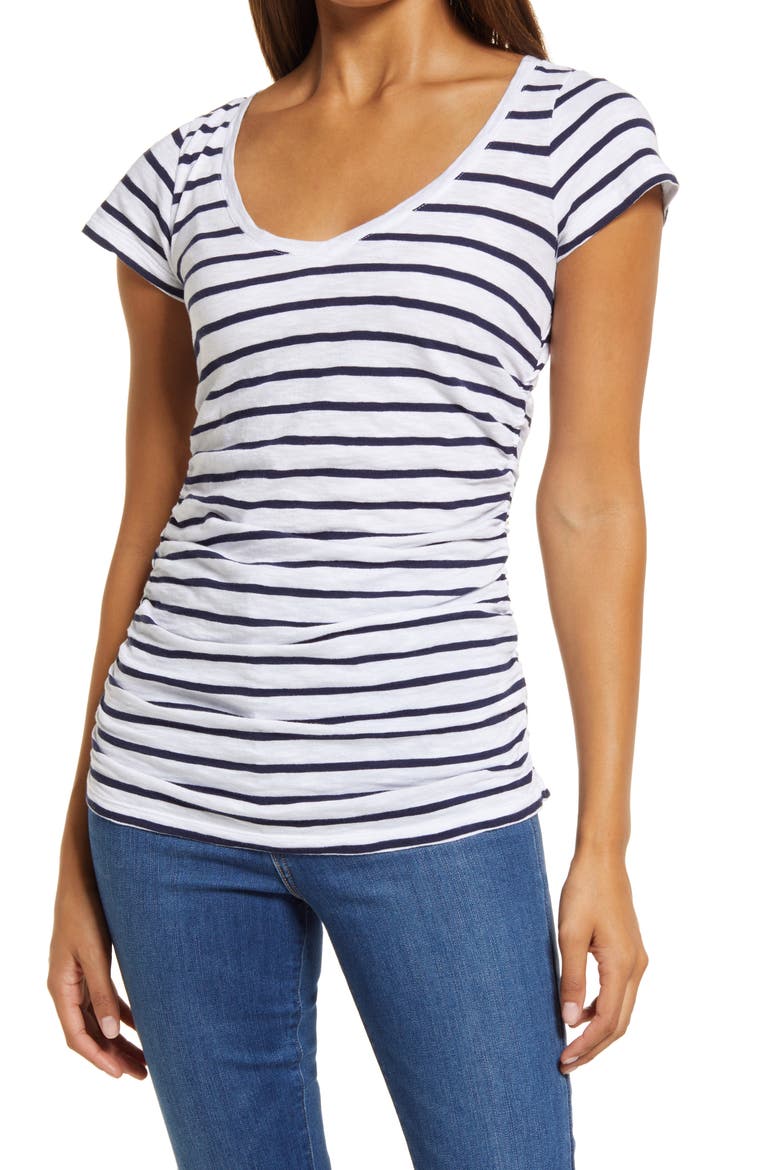 Shirred V-Neck Tee, Main, color, WHITE- NAVY STRIPE