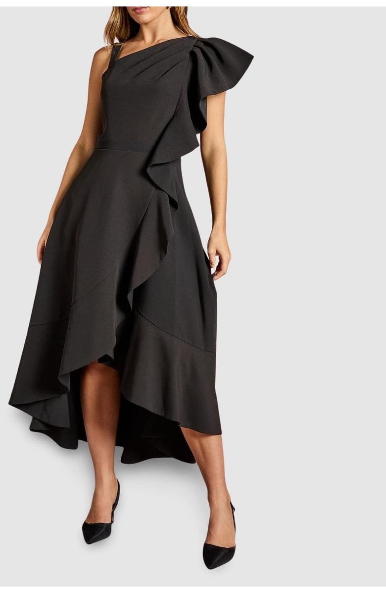 Coast One Shoulder Crepe Ruffle Midi Dress, Alternate, color, Black