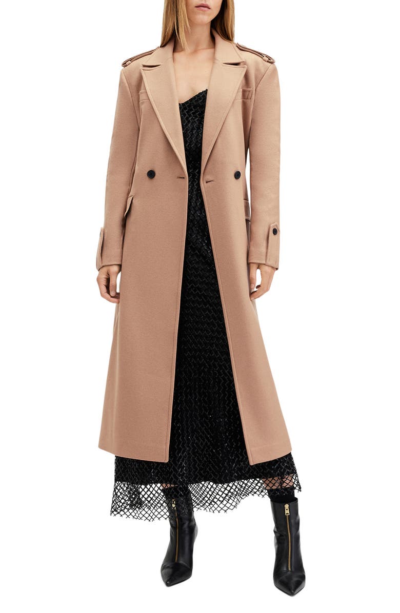 AllSaints Augusta Wool Blend Trench Coat, Alternate, color, Camel Brown
