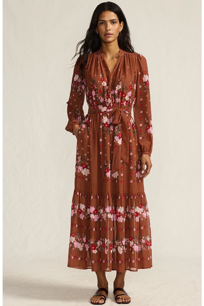 Chiffon Tiered Long Sleeve Maxi Dress, Main, color, Rich Ginger Floral Stripe