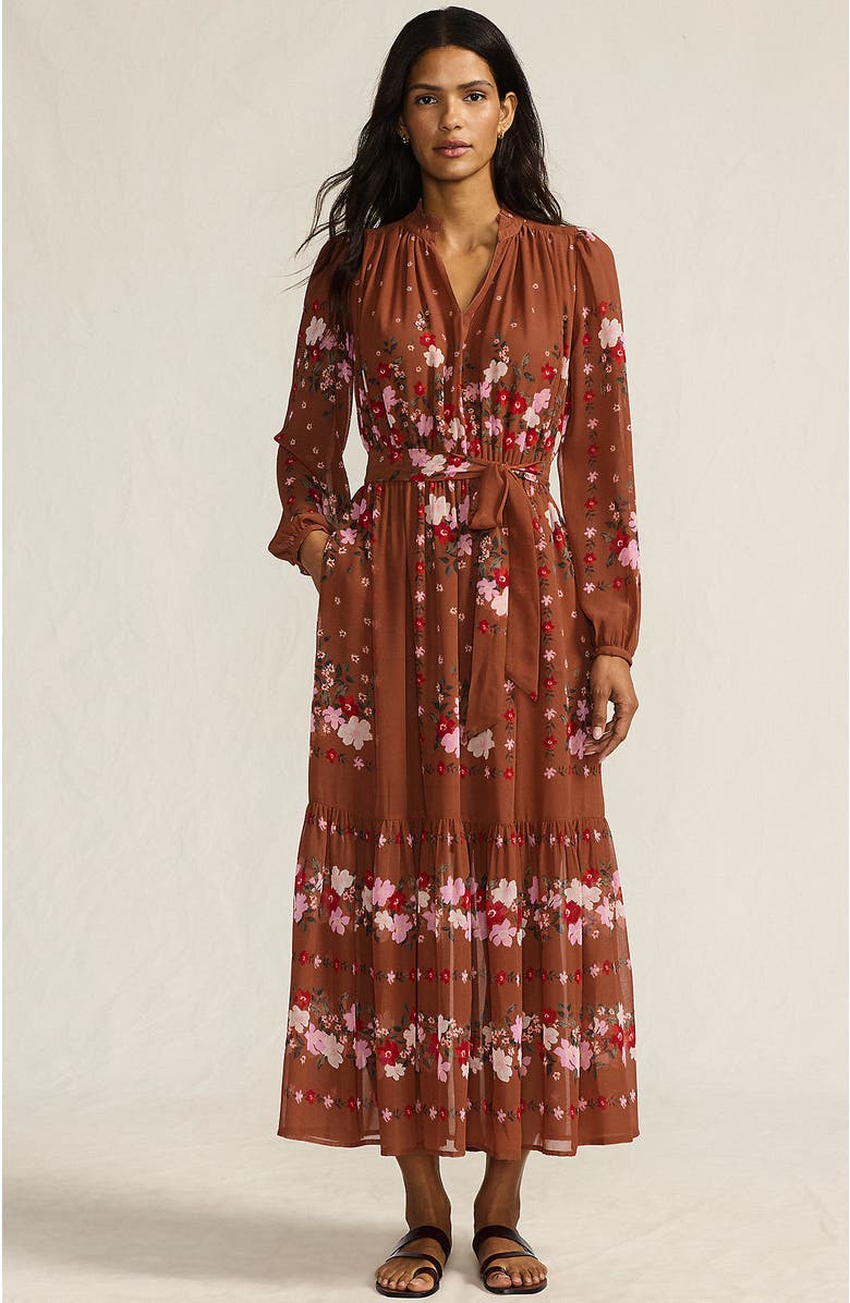 Lands' End Chiffon Tiered Long Sleeve Maxi Dress, Main, color, Rich Ginger Floral Stripe